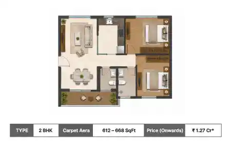 Vascon Tranquil Heights 2 BHK floor plan, 612 sq ft carpet area