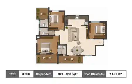 Vascon Tranquil Heights 3 BHK floor plan, 924 sq ft carpet area